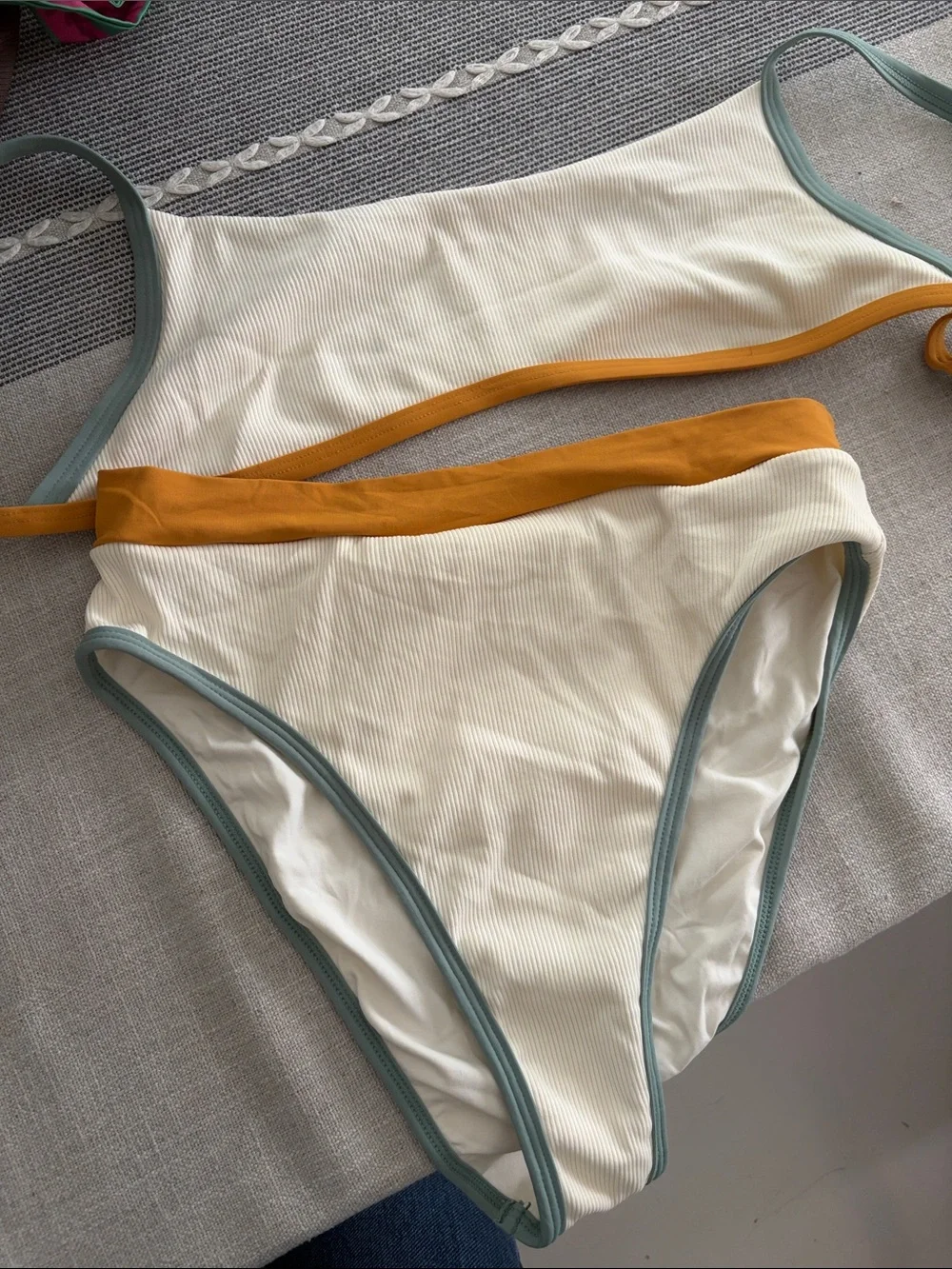 l*space Cream Ribbed Bikini with Mustard and Sage Trim